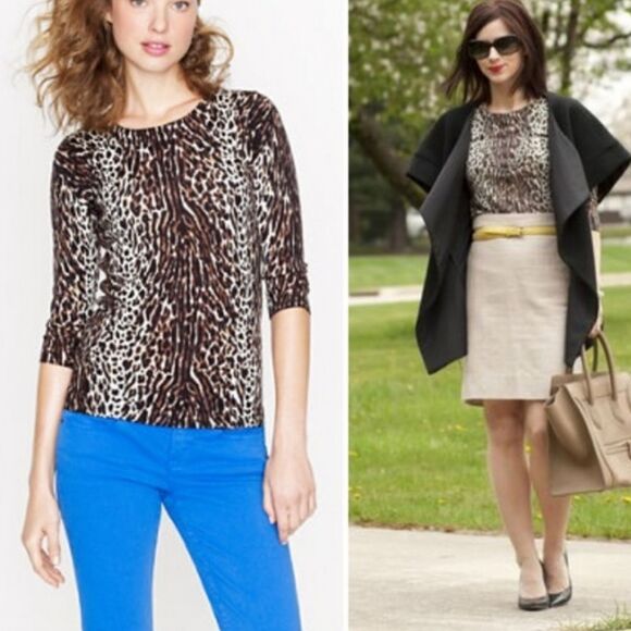J. Crew Merino Wool Tippi Sweater Leopard Print Women's XS Pullover Long Sleeve - Picture 2 of 8